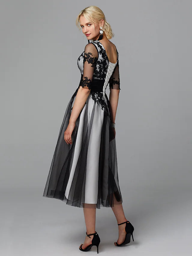 A-Line Vintage Dress Wedding Guest Tea Length Half Sleeve Jewel Neck Lace with Sash / Ribbon