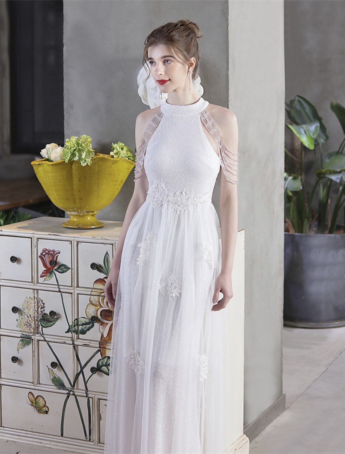 A-Line Prom Dresses Sparkle & Shine Dress Party Wear Floor Length Short Sleeve High Neck Polyester with Sequin