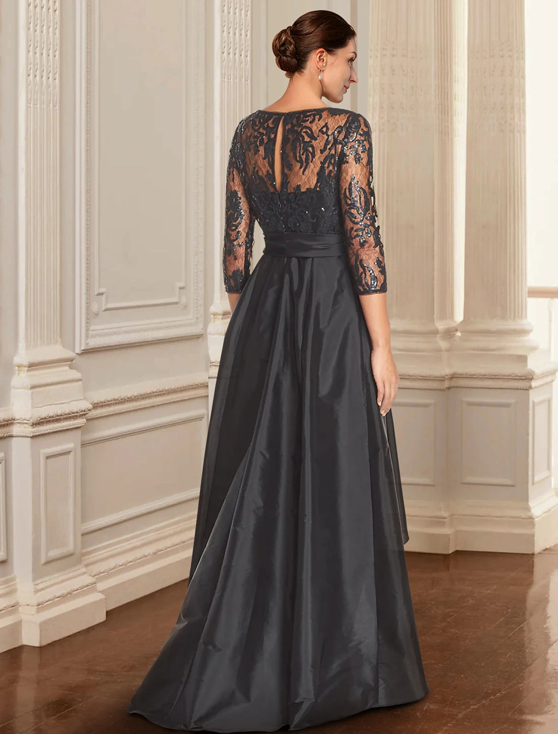 A-Line Mother of the Bride Dress Formal Wedding Guest Elegant Black Dress Jewel Neck Asymmetrical Lace Italy Satin 3/4 Length Sleeve with Lace Bow(s)