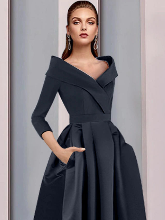 A-Line Mother of the Bride Dress Elegant High Low Sweet Spaghetti Strap Asymmetrical Tea Length Satin 3/4 Length Sleeve