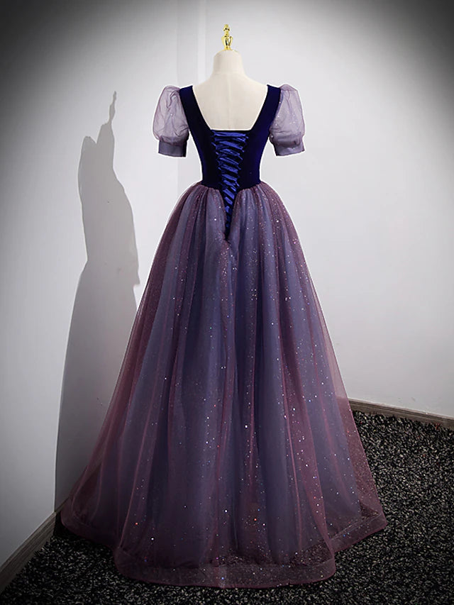 A-Line Prom Dresses Sparkle & Shine Dress Prom Floor Length Short Sleeve Scoop Neck Tulle