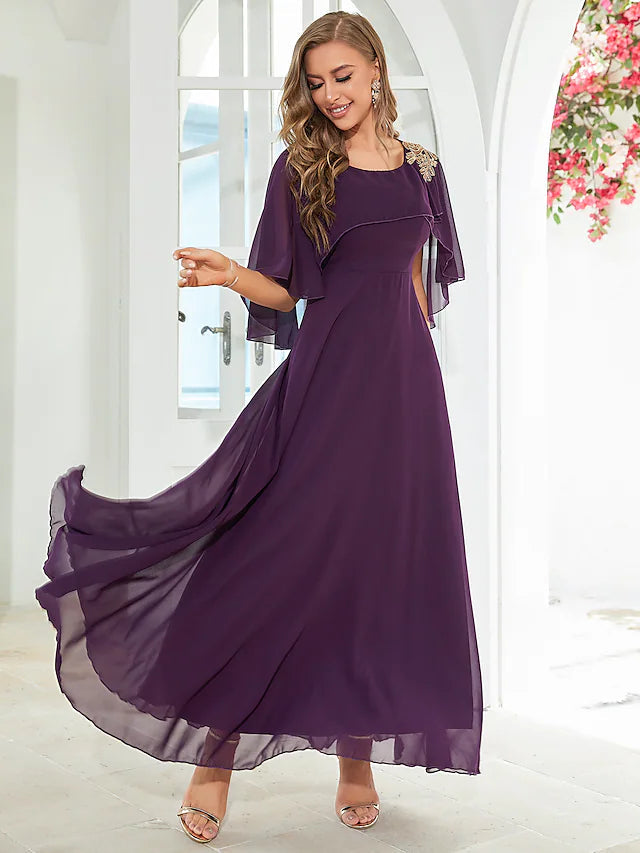 A-Line Wedding Guest Dresses Elegant Dress Party Wear Floor Length Half Sleeve Jewel Neck Chiffon