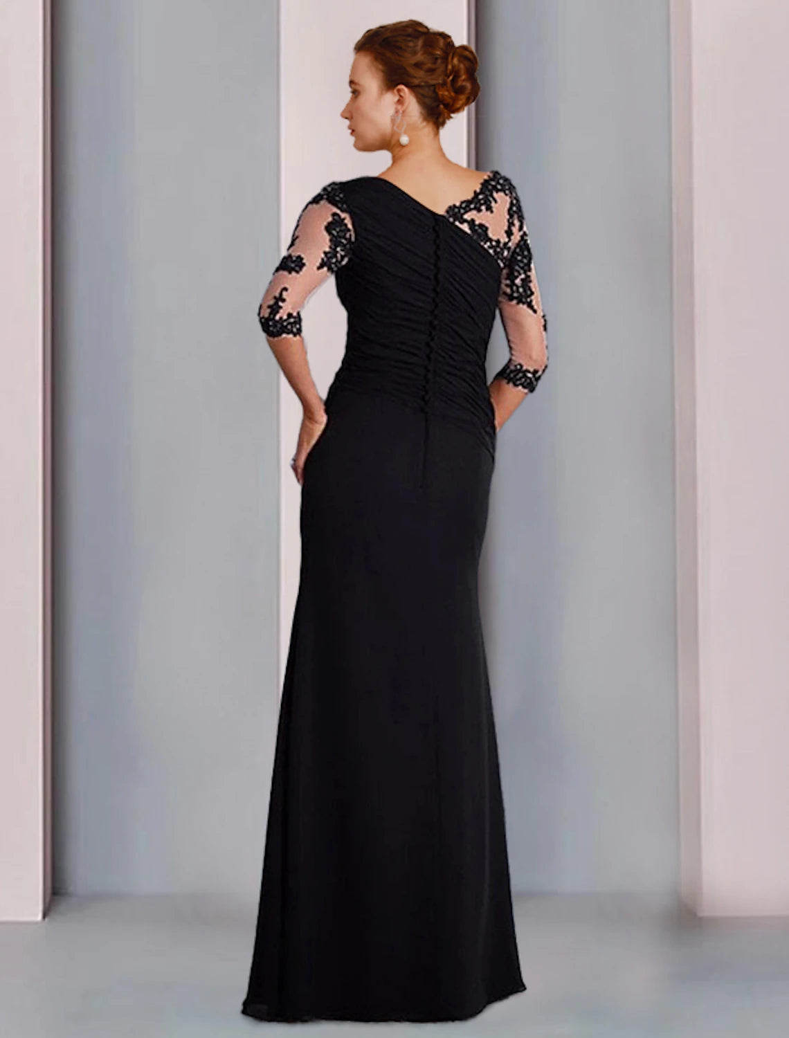 Sheath / Column Mother of the Bride Dress Formal Fall Wedding Guest Dresses Elegant Jewel Neck Floor Length Chiffon Lace 3/4 Length Sleeve