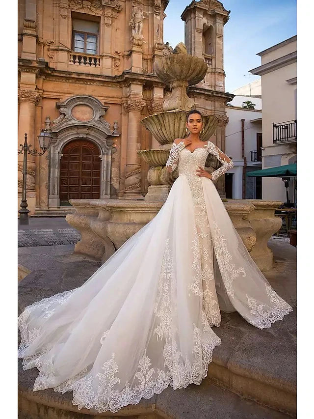 Engagement Formal Fall Wedding Dresses Mermaid / Trumpet Illusion Neck Long Sleeve Court Train Lace Bridal