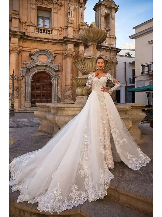 Engagement Formal Fall Wedding Dresses Mermaid / Trumpet Illusion Neck Long Sleeve Court Train Lace Bridal