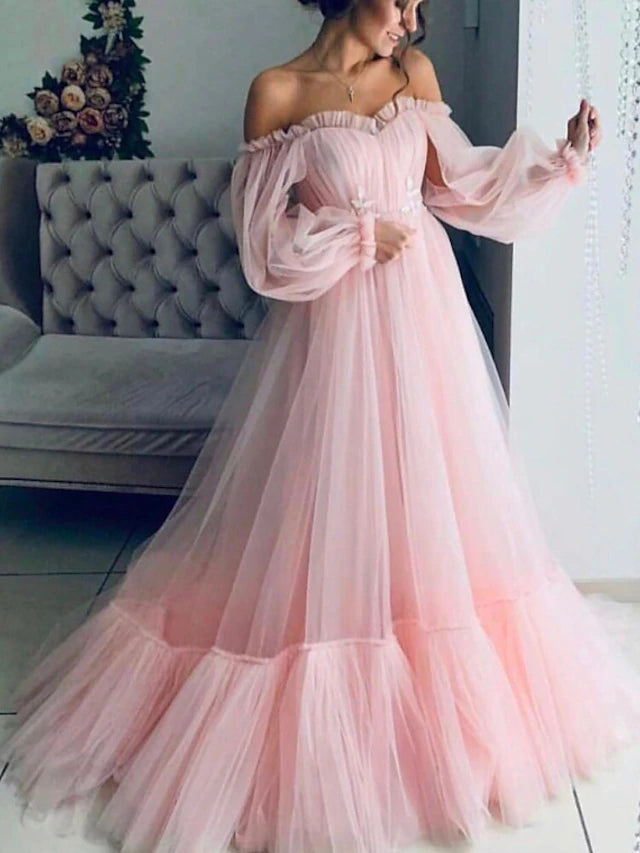 A-Line Minimalist Elegant Engagement Prom Dress Off Shoulder Long Sleeve Floor Length Tulle