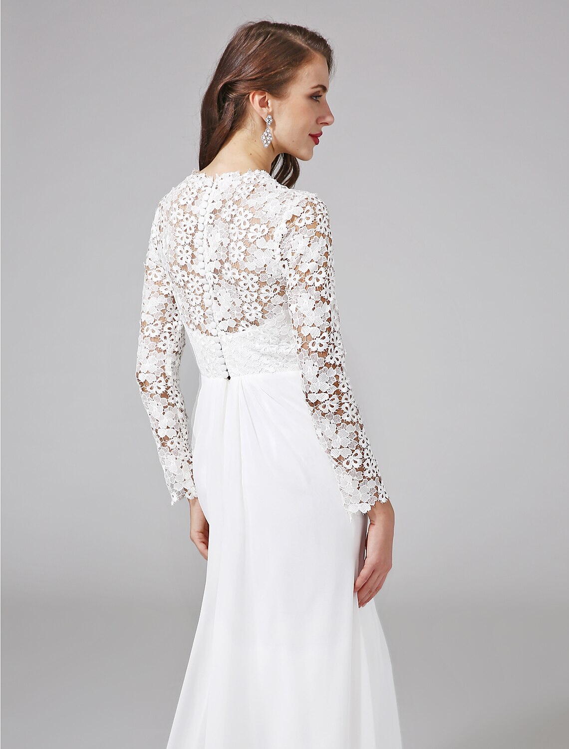 Beach Royal Style Boho Wedding Dresses Sweep / Brush Train Sheath / Column Long Sleeve Illusion Neck Chiffon