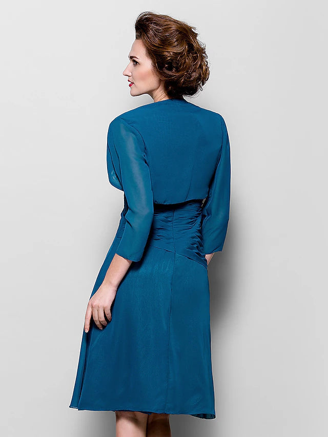 A-Line Mother of the Bride Dress Wrap Included V Neck Knee Length Chiffon 3/4 Length Sleeve with Criss Cross Side Draping