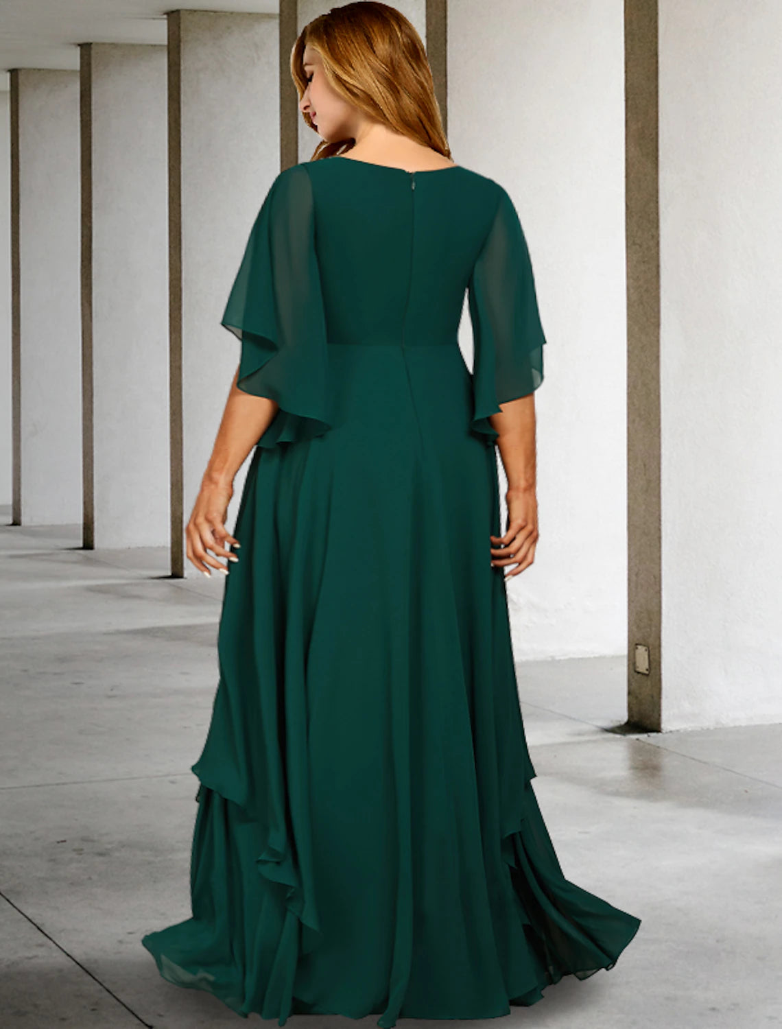 A-Line Mother of the Bride Dresses Plus Size Hide Belly Curve Elegant Dress Formal Sweep / Brush Train Half Sleeve V Neck Chiffon with Ruffles