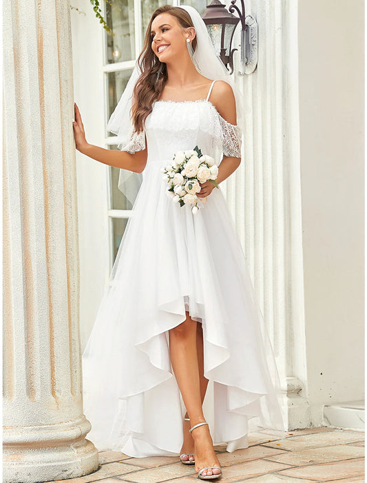 Reception Little White Dresses Boho Wedding Dresses A-Line Off Shoulder Short Sleeve Asymmetrical Lace Bridal Gowns