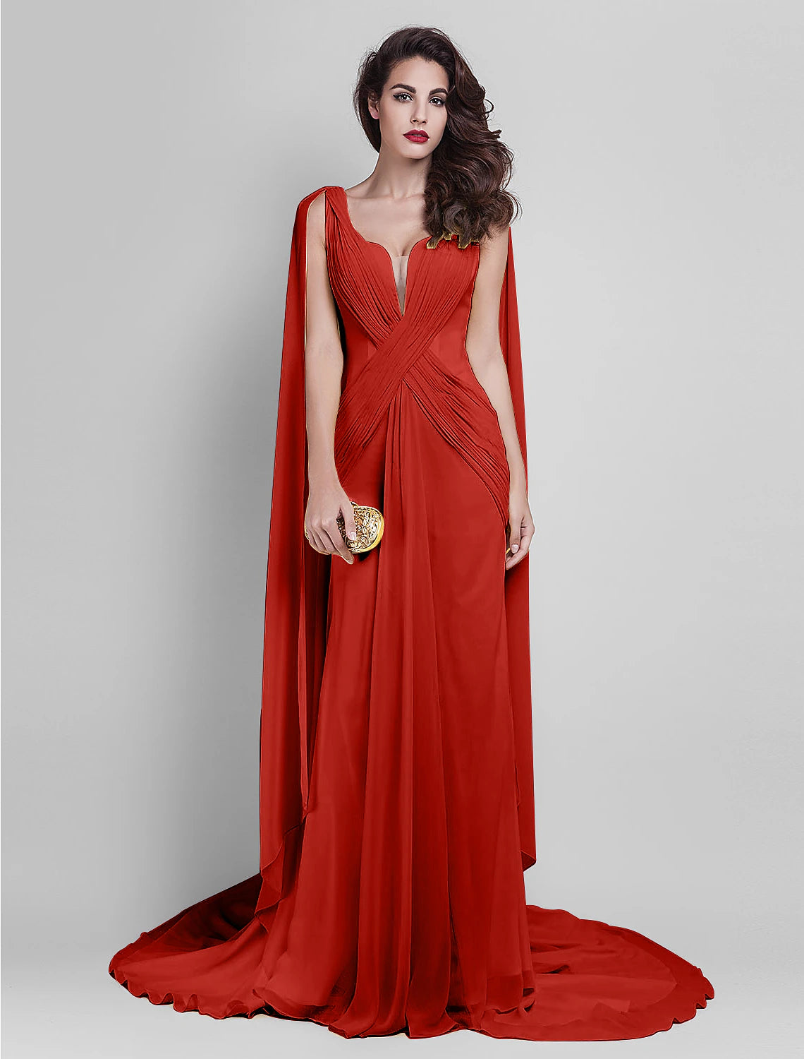 Sheath / Column Elegant Dress Wedding Guest Prom Court Train Sleeveless Plunging Neck Georgette V Back with Criss Cross Side