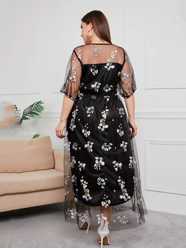Plus Size Curve Mother of the Bride Dress Party Sparkle & Shine Scoop Neck Ankle Length Tulle Half Sleeve with Sequin