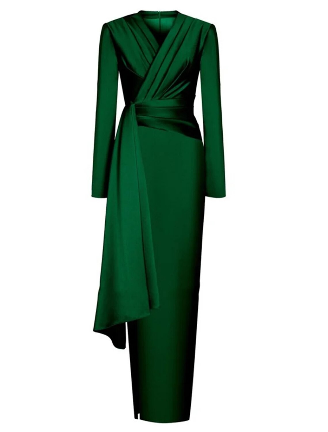 A-Line Evening Black Dress Christmas Elegant Dress Formal Ankle Length Long Sleeve V Neck Satin with Ruched