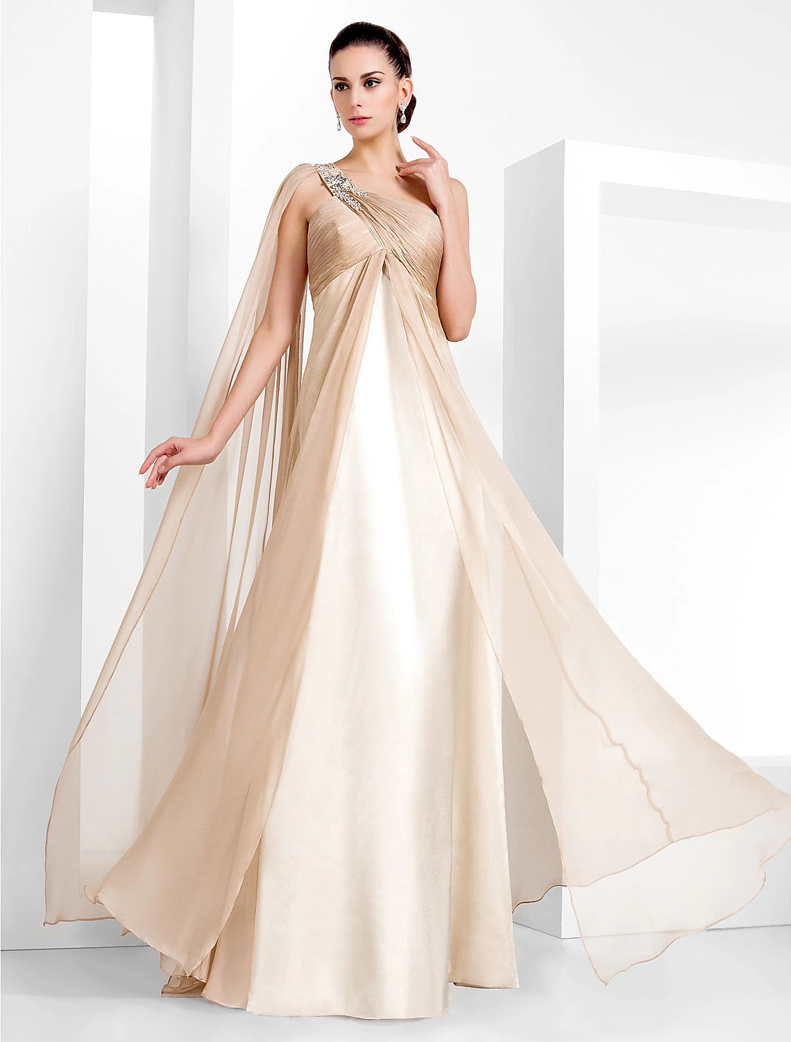 Sheath / Column Elegant Formal Evening Black Tie Gala Dress One Shoulder Sleeveless Floor Length Chiffon with Criss