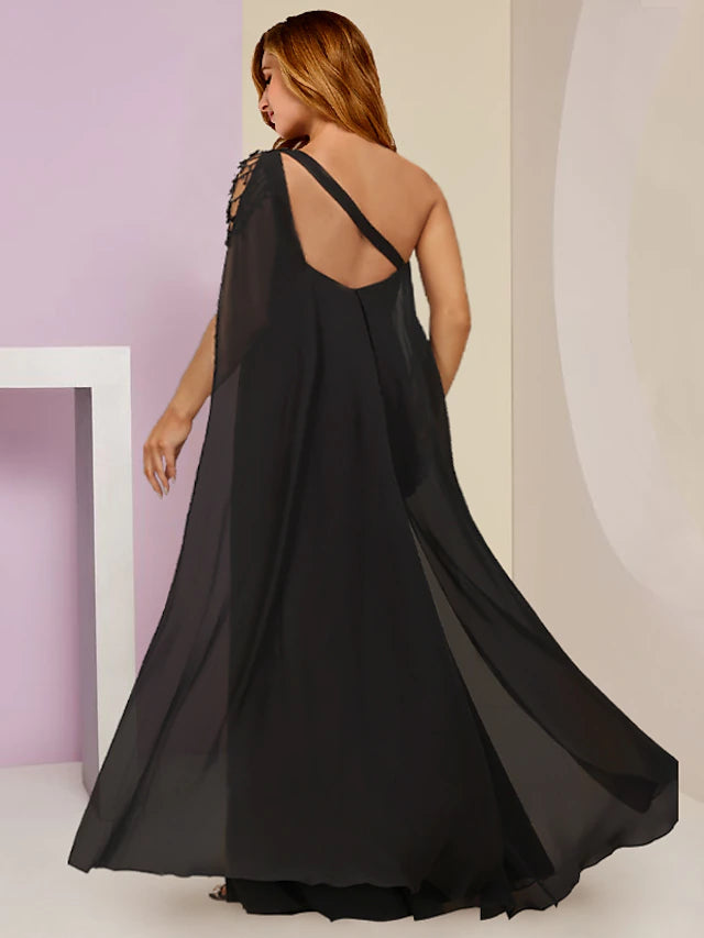 Plus Size Curve Mother of the Bride Dress Wedding Guest Party Sexy One Shoulder Floor Length Chiffon Sleeveless with Beading Split