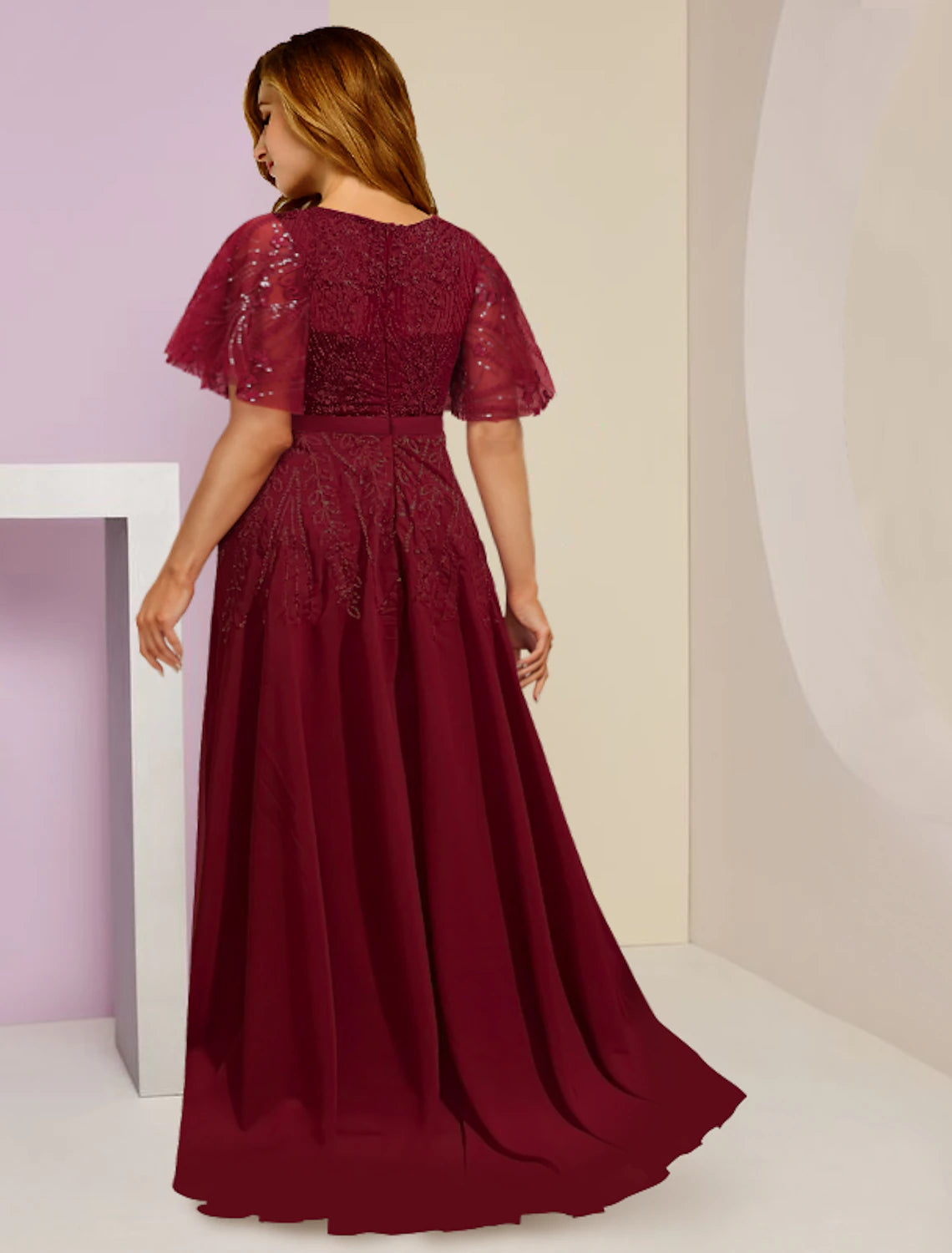Mother of the Bride Dresses Plus Size Curve Hide Belly Wedding Guest Elegant Sparkle & Shine V Neck Floor Length Chiffon Lace Sequined Short Sleeve with Pleats Split