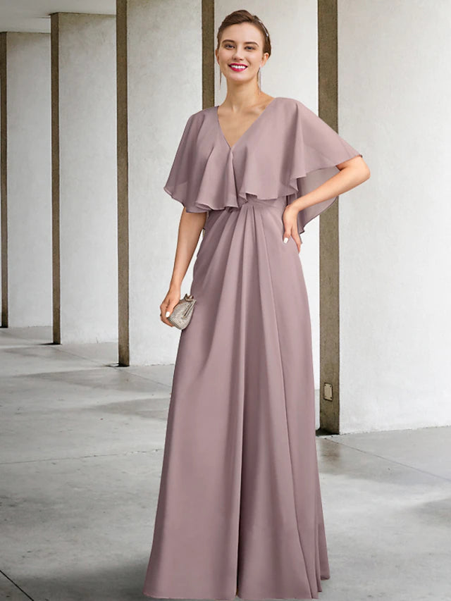 Two Piece Mother of the Bride Dress Plus Size Elegant V Neck Floor Length Chiffon Sleeveless Wrap Included Jacket Dresses with Pleats