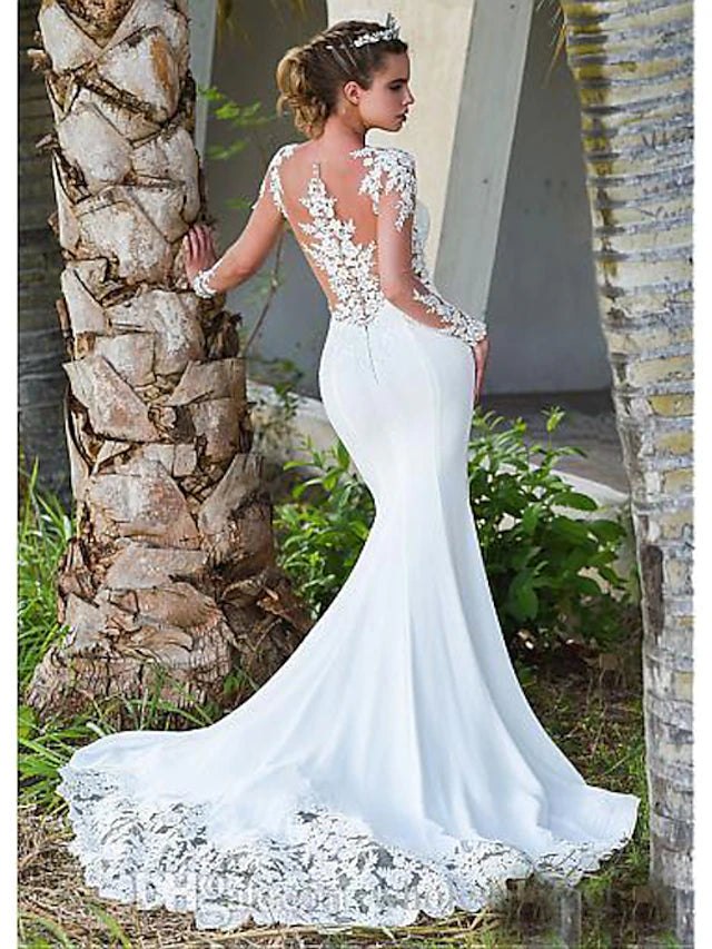 Engagement Open Back Formal Wedding Dresses Court Train Mermaid / Trumpet Long Sleeve Illusion Neck Crepe