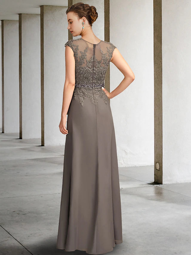 A-Line Mother of the Bride Dress Elegant V Neck Floor Length Chiffon Lace Cap Sleeve with Sash / Ribbon