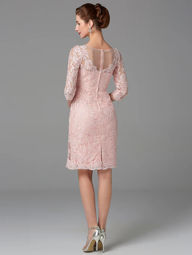 Two Piece Sheath / Column Mother of the Bride Dress Church Sparkle & Shine Jewel Neck Knee Length Chiffon Lace 3/4 Length Sleeve Jacket Dresses with Beading