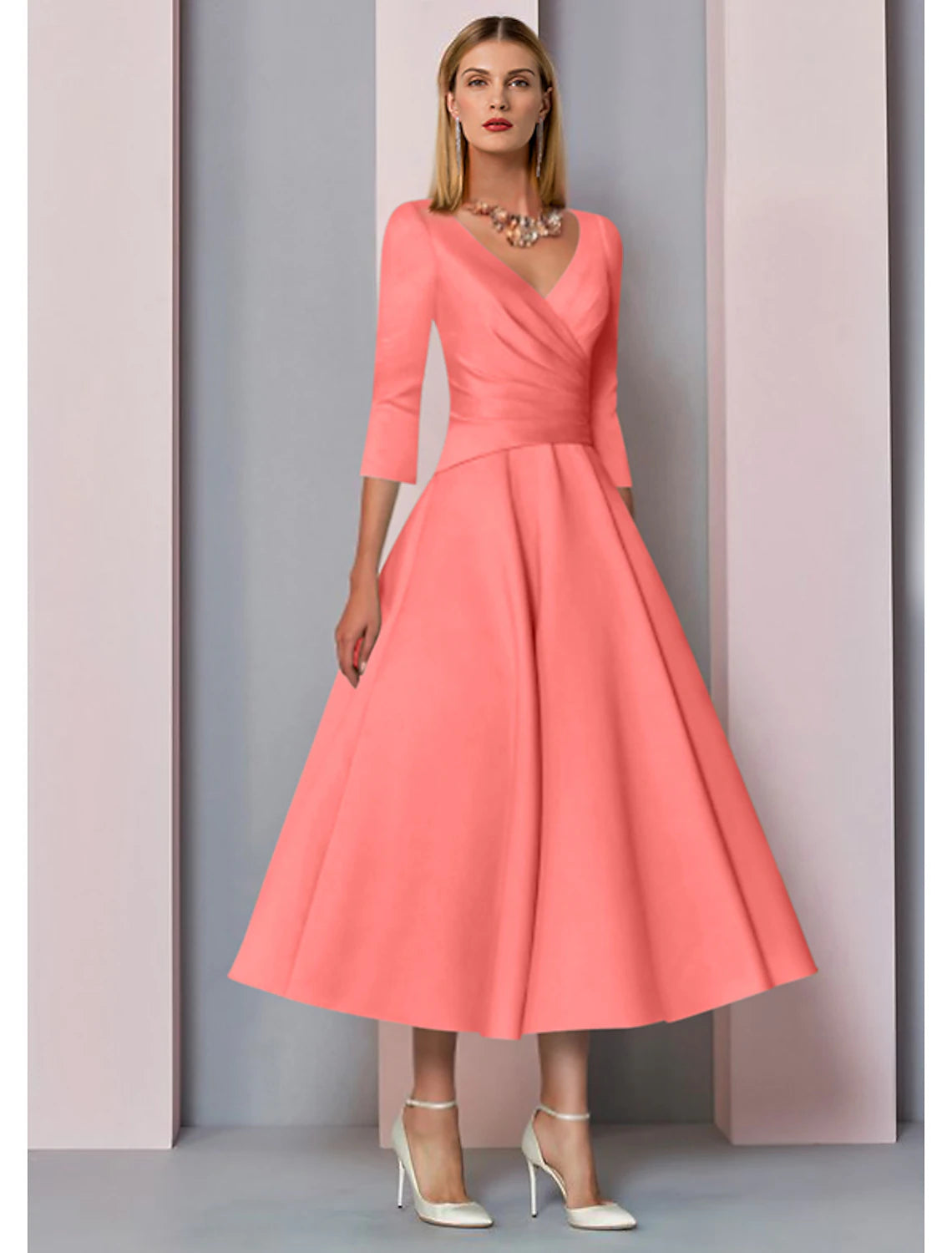 A-Line Mother of the Bride Dress Fall Wedding Guest Vintage Plus Size Elegant V Neck Tea Length Satin 3/4 Length Sleeve