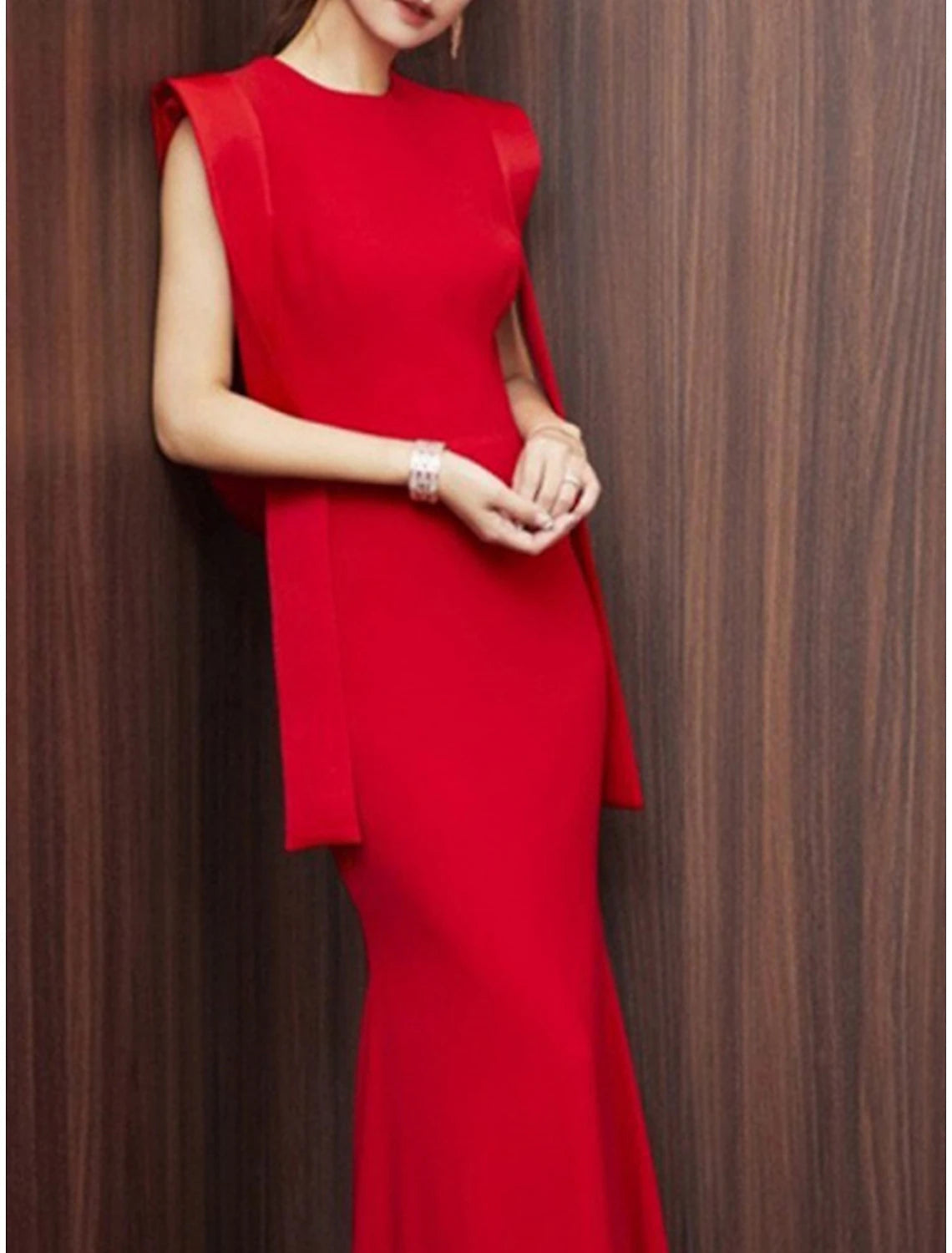 Mermaid / Trumpet Evening Gown Elegant Christmas Red Green Dress Dress Formal Sweep / Brush Train Sleeveless Jewel Neck Stretch Fabric