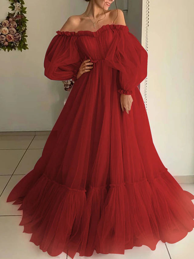 A-Line Minimalist Elegant Engagement Prom Dress Off Shoulder Long Sleeve Floor Length Tulle