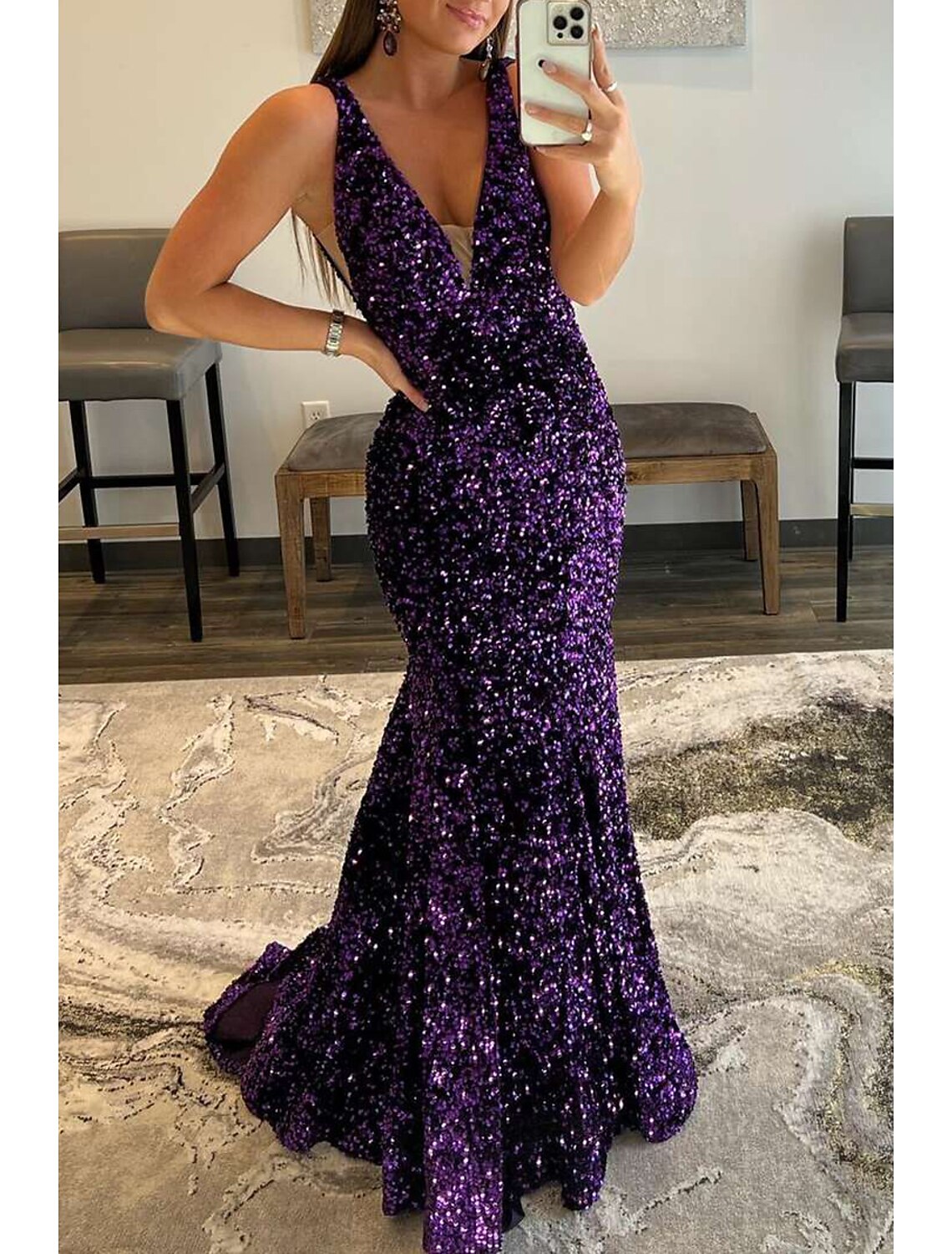 Mermaid / Trumpet Prom Dresses Sparkle & Shine Dress Formal Sweep / Brush Train Sleeveless V Neck Sequined Backless