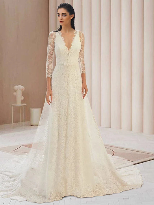 Engagement Open Back Formal Wedding Dresses Court Train Two Piece Long Sleeve V Neck Lace