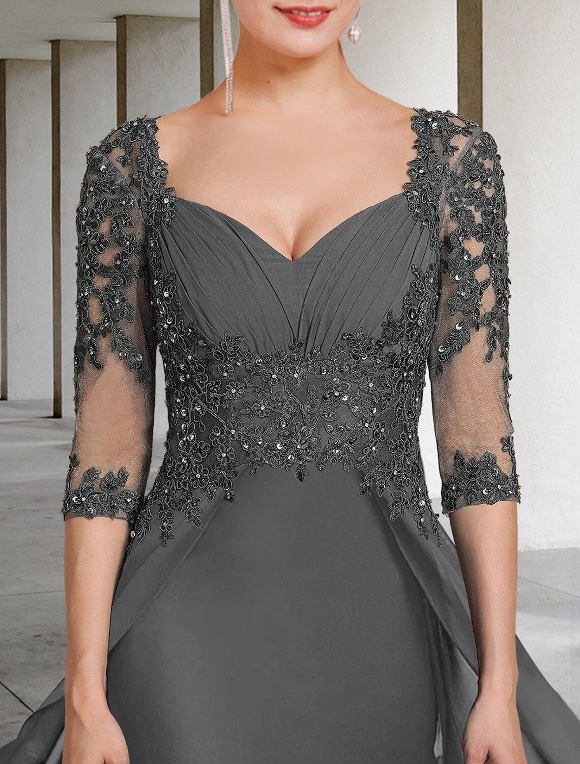 Sheath / Column Mother of the Bride Dress Formal Wedding Guest Party Elegant Square Neck Floor Length Chiffon Lace 3/4 Length Sleeve