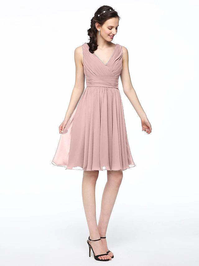 A-Line Bridesmaid Dress V Neck Sleeveless Elegant Short / Mini Chiffon with Pleats Pure Color