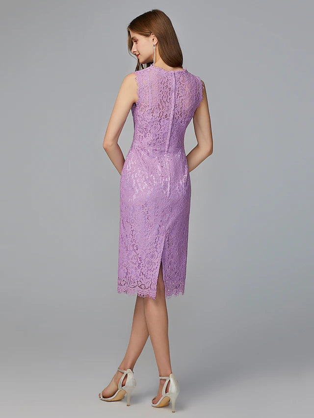 Sheath / Column Bridesmaid Dress Jewel Neck Sleeveless Elegant Midi / Knee Length Lace with Lace Pure Color