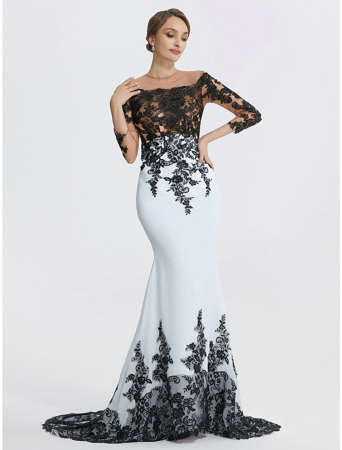 Mermaid Evening Gown Elegant Black Dress Masquerade Black Tie Colorblock Sweep / Brush Train Long Sleeve Jewel Neck Chiffon