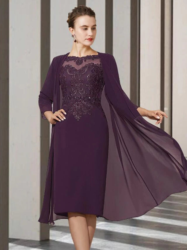 Two Piece A-Line Mother of the Bride Dress Church Elegant Jewel Neck Knee Length Chiffon Lace 3/4 Length Sleeve Jacket Dresses