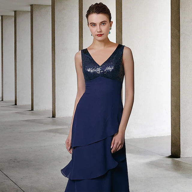 A-Line Mother of the Bride Dress Elegant V Neck Floor Length Chiffon Sequined Sleeveless Wrap Included with Sequin