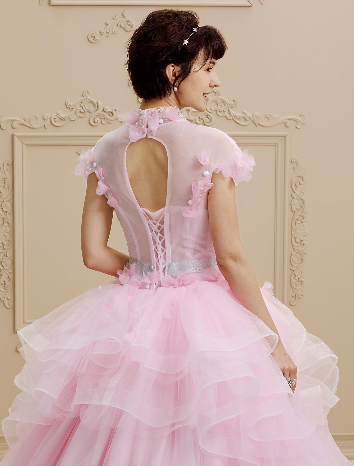 Ball Gown High Neck Floor Length Organza Tulle Wedding Dress with Crystal Beading Bow