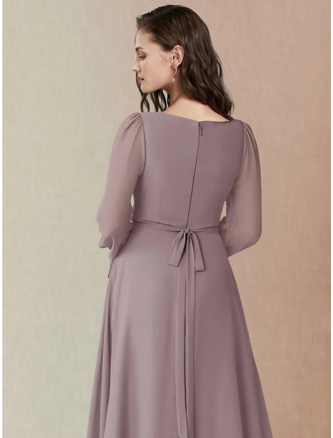 A-Line Bridesmaid Dress Square Neck Long Sleeve Elegant Floor Length Chiffon with Split Front