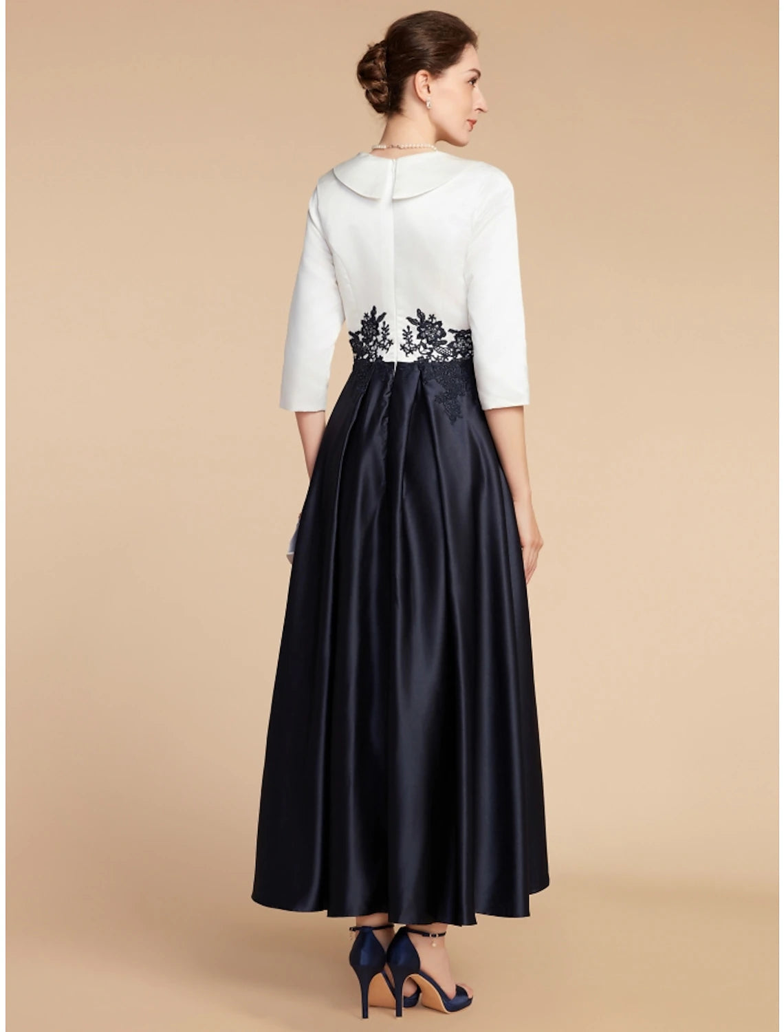 A-Line Mother of the Bride Dress Wedding Guest Elegant Petite V Neck Asymmetrical Satin Lace Half Sleeve