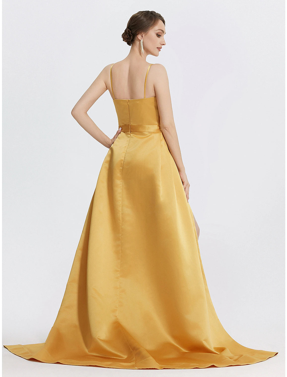 A-Line Evening Gown Sparkle Dress Wedding Prom Sweep / Brush Train Sleeveless Spaghetti Strap Satin
