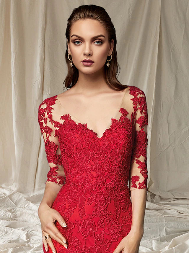 Mermaid / Trumpet Mother of the Bride Dress Luxurious Elegant V Neck Sweep / Brush Train Lace Tulle Half Sleeve with Pleats
