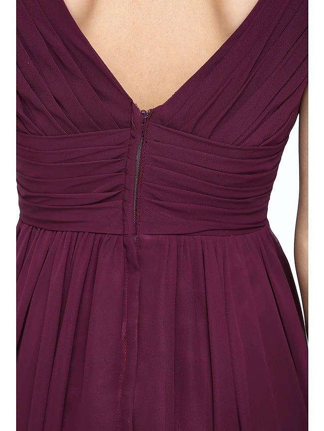 A-Line Bridesmaid Dress V Neck Sleeveless Elegant Short / Mini Chiffon with Pleats Pure Color