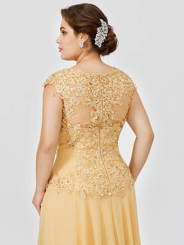 A-Line Mother of the Bride Dress Plus Size Elegant Illusion Neck Sweep / Brush Train Chiffon Beaded Lace Short Sleeve No with Bow(s)