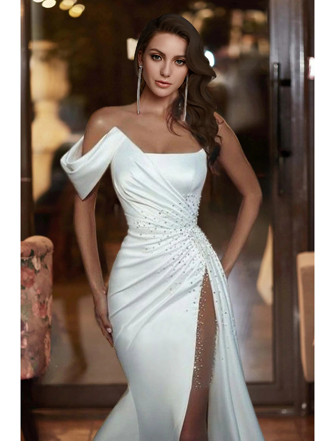 Formal Wedding Dresses Mermaid / Trumpet Off Shoulder Sleeveless Court Train Satin Bridal Gowns