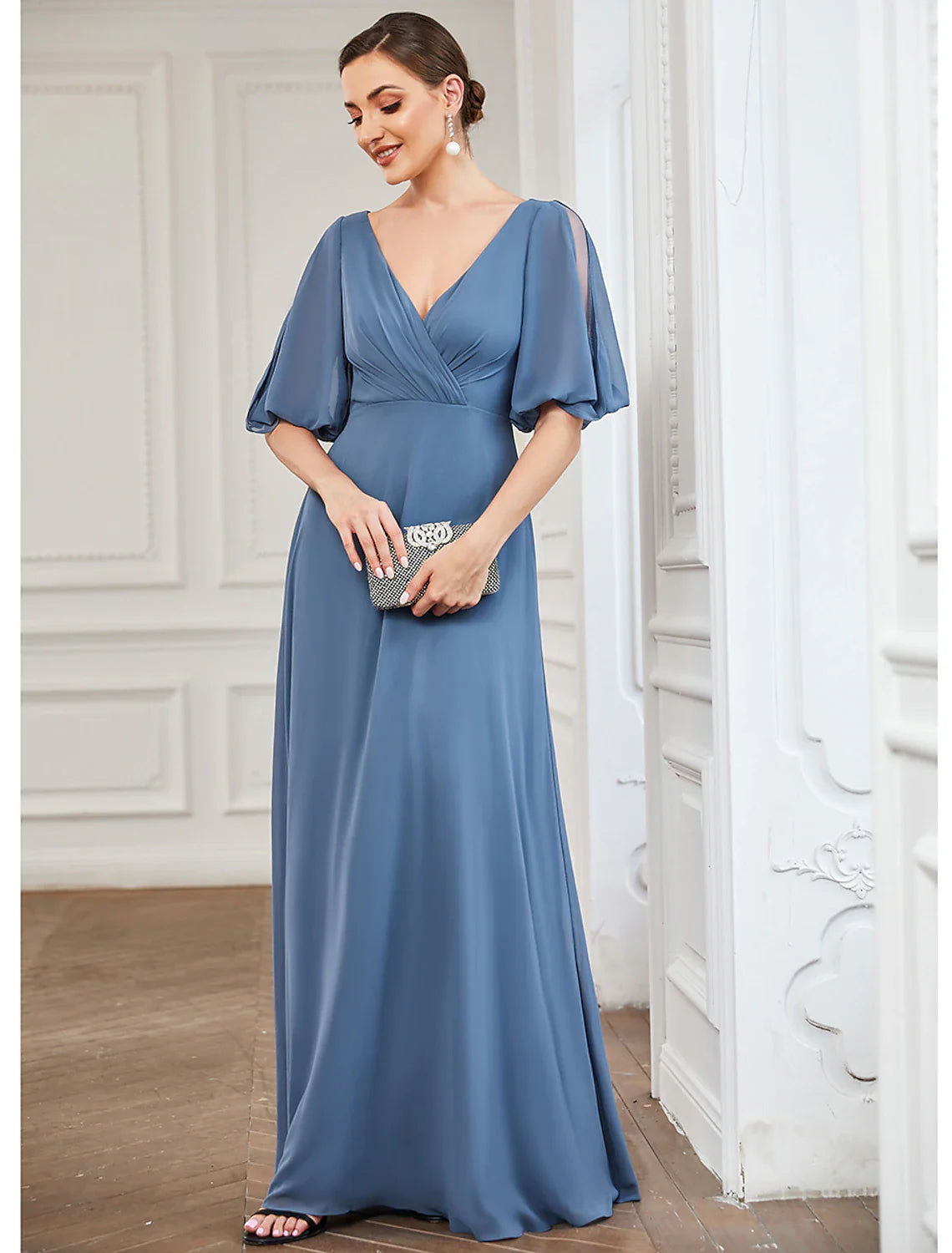 A-Line Evening Gown Minimalist Dress Wedding Guest Prom Floor Length Half Sleeve V Neck Chiffon