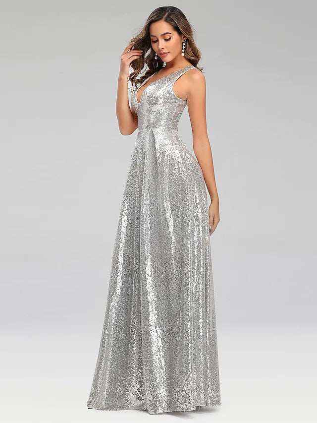 A-Line Prom Dresses Sparkle Dress Wedding Guest Floor Length Sleeveless V Neck Polyester V Back