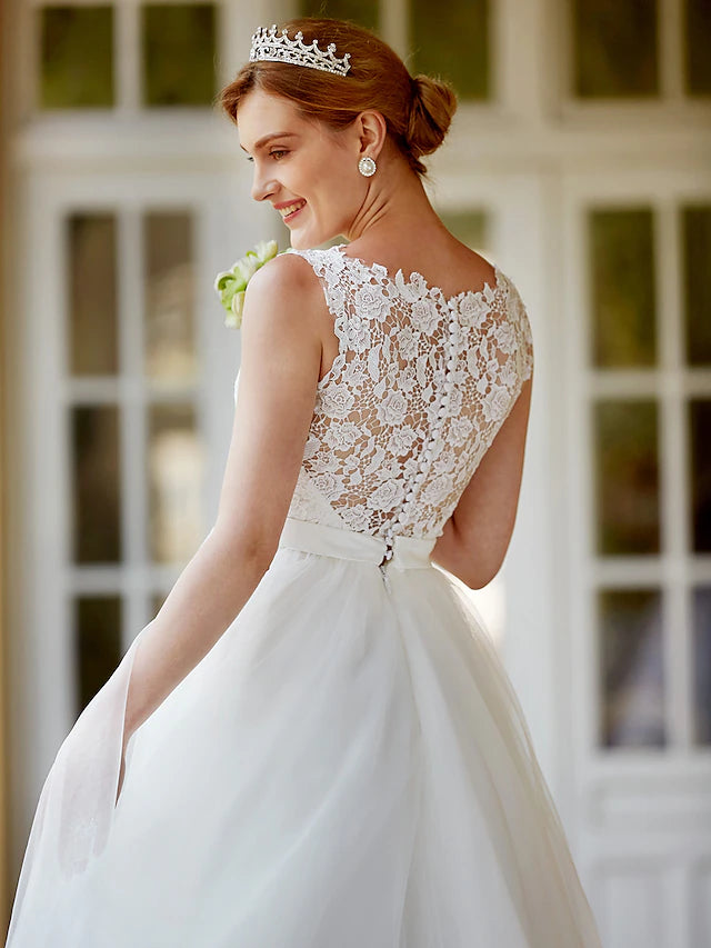 Little White Dresses Wedding Dresses Tea Length A-Line Sleeveless Illusion Neck Lace With Sashes / Ribbons