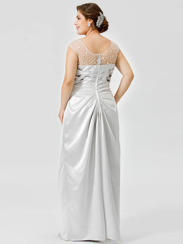 Sheath / Column Mother of the Bride Dress Classic & Timeless Elegant & Luxurious Plus Size Jewel Neck Floor Length Satin Sleeveless No with Pleats