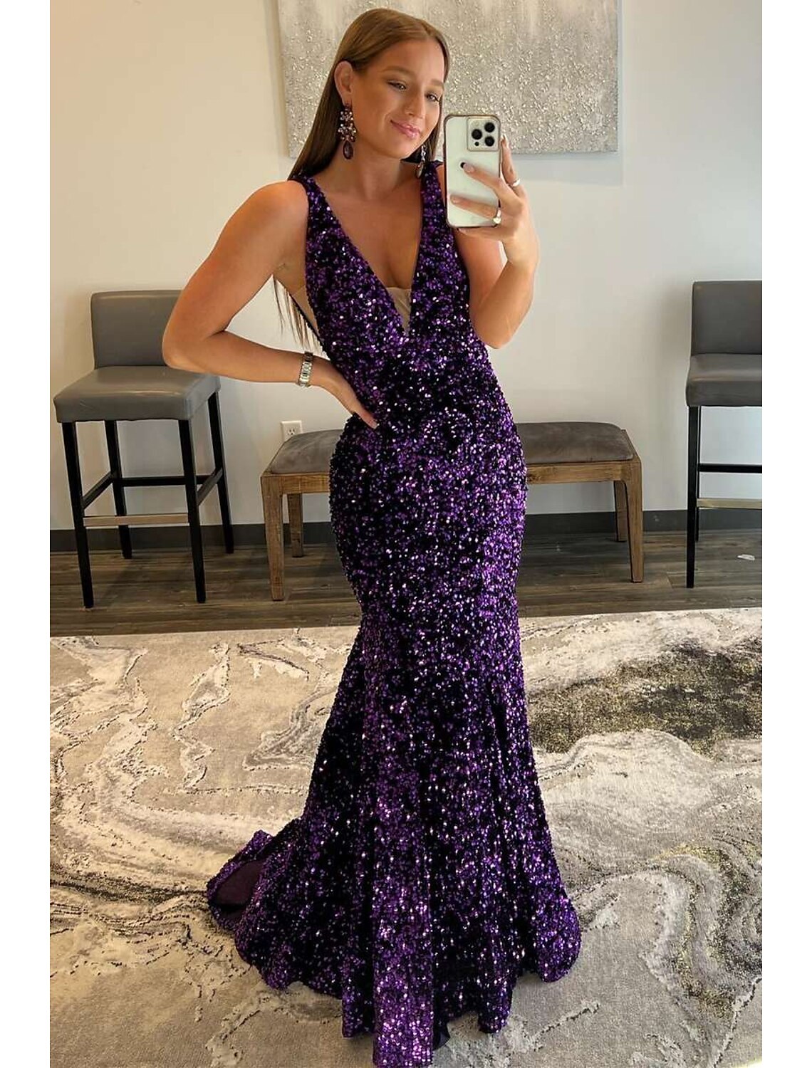 Mermaid / Trumpet Prom Dresses Sparkle & Shine Dress Formal Sweep / Brush Train Sleeveless V Neck Sequined Backless