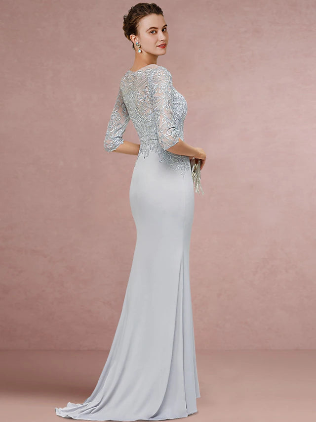 Sheath / Column Mother of the Bride Dress Wedding Guest Vintage Elegant Scoop Neck Sweep / Brush Train Chiffon Lace Half Sleeve