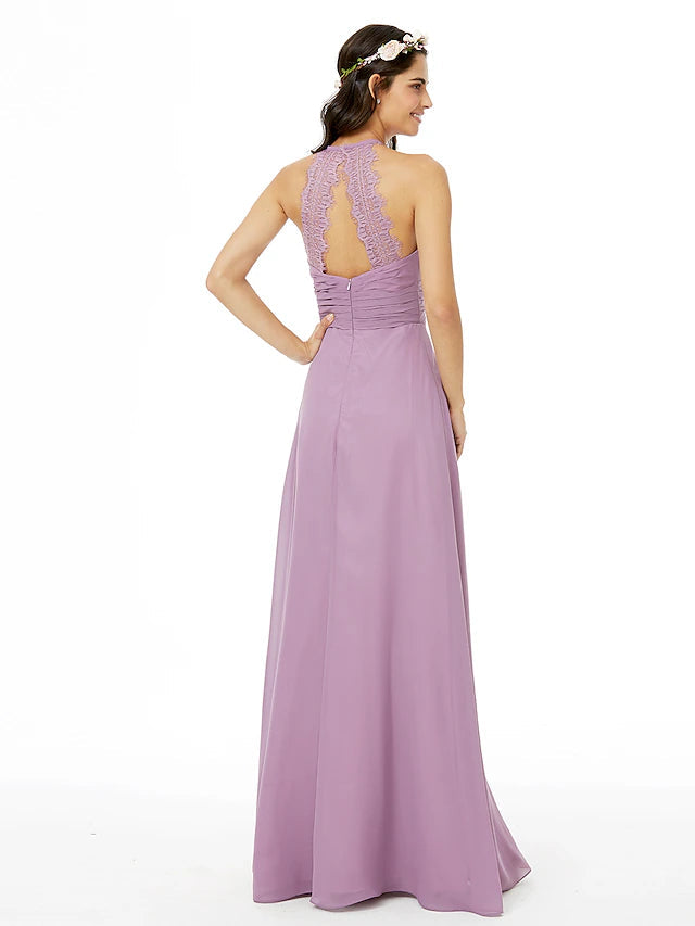 Sheath / Column Bridesmaid Dress Jewel Neck Sleeveless Beautiful Back Floor Length Chiffon with Lace / Sash / Ribbon